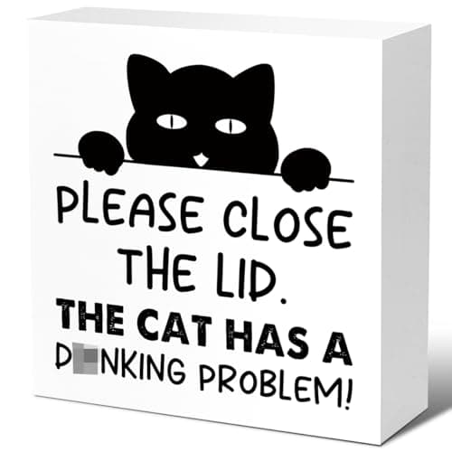 LVQHI Funny Bathroom Cat Sign Decor, Put the Lid Down the Cat has a Drinking Problem Humorous Wood Box Sig, Funny Humorous Cat Bathroom Accessories Decor, Cat Owner Decoration 5"L x 5"W V585