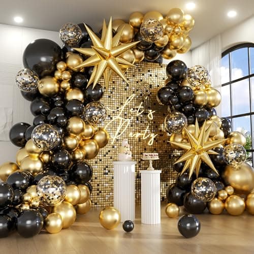 Jenlion Black and Gold Balloon Arch Kit with 2 Starburst Foil Balloons 154pcs 1812105in Confetti Garland for 2026 Graduation New Years Eve Birthday Retirement Party Decorations