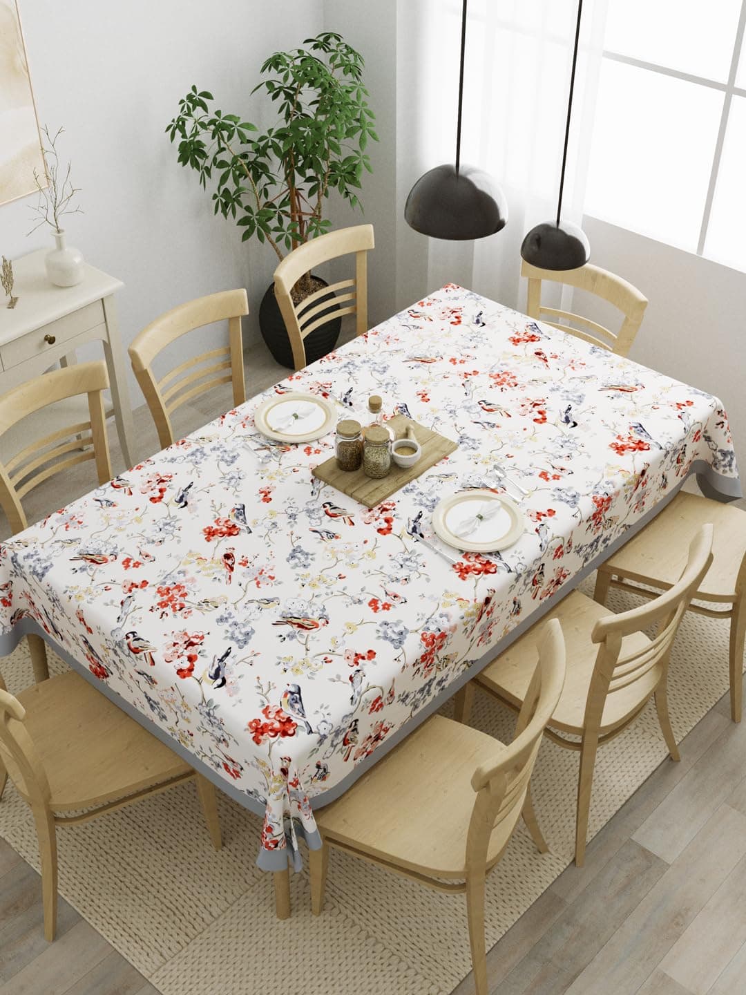 Clasiko 100% Cotton 8 Seater Table Cover; 60x108 Inches; Grey Birds Brown Flowers