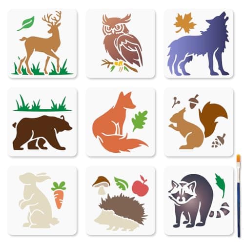 MAYJOYDIY 9Pcs Forest Animal Stencils 6x6inch Deer Bear Owl Wolf Template Reusable Hedgehog Raccoon Fox Squirrel Rabbit Stencil with Paint Brush for Wood Wall Window DIY Craft