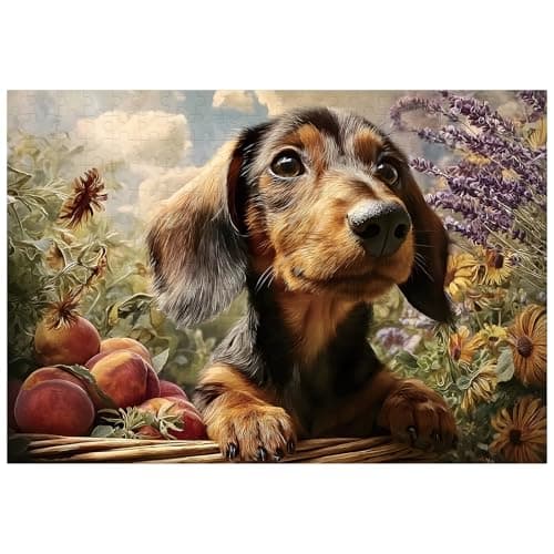Great Jigsaw Puzzles for Adults 300 Pieces Dachshund Puppy Palying in The Garden Puzzles for Adults Toys Gift Family Decoration Kids Puzzle