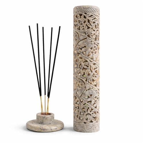KC KULLICRAFT Marble Incense Holder with Lid – 10.5 Inch Tall Agarbatti Stand, Dhoop Cone & Tea Light Candle Holder | Handcrafted Soapstone Elephant Jaali Incense Burner for Home, Pooja & Decor.