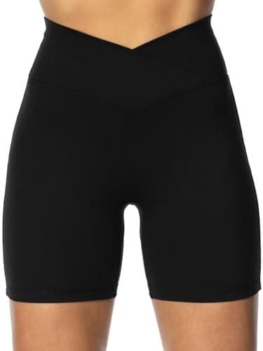 Sunzel Sunzfly Crossover Biker Shorts for Women, V Criss Cross High Waist Yoga Workout Gym Shorts with Tummy Control 6" Inseam Black Large