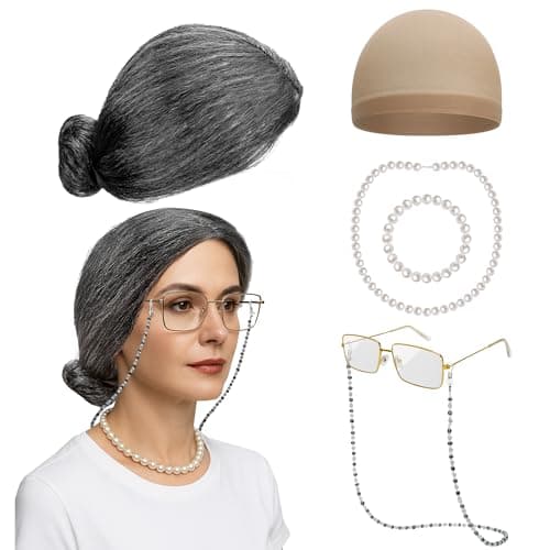 Huskein Old Lady Costume for Women, Grandma Wigs Set, Black White Bun Wig Glasses Wig Cap Pearl Necklace Bracelet Kids Accessories
