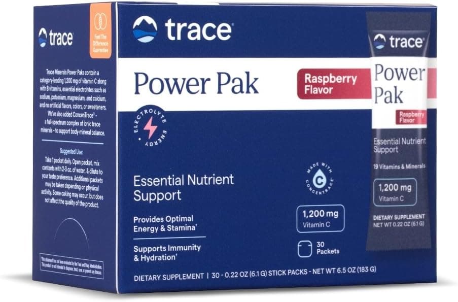 Trace Minerals Power Pak Daily Health Support Supplement with Vitamins Minerals Power Packet Aids Immune Health Hydration Mix Powder Supports Bodily Functions Raspberry 30 Servings