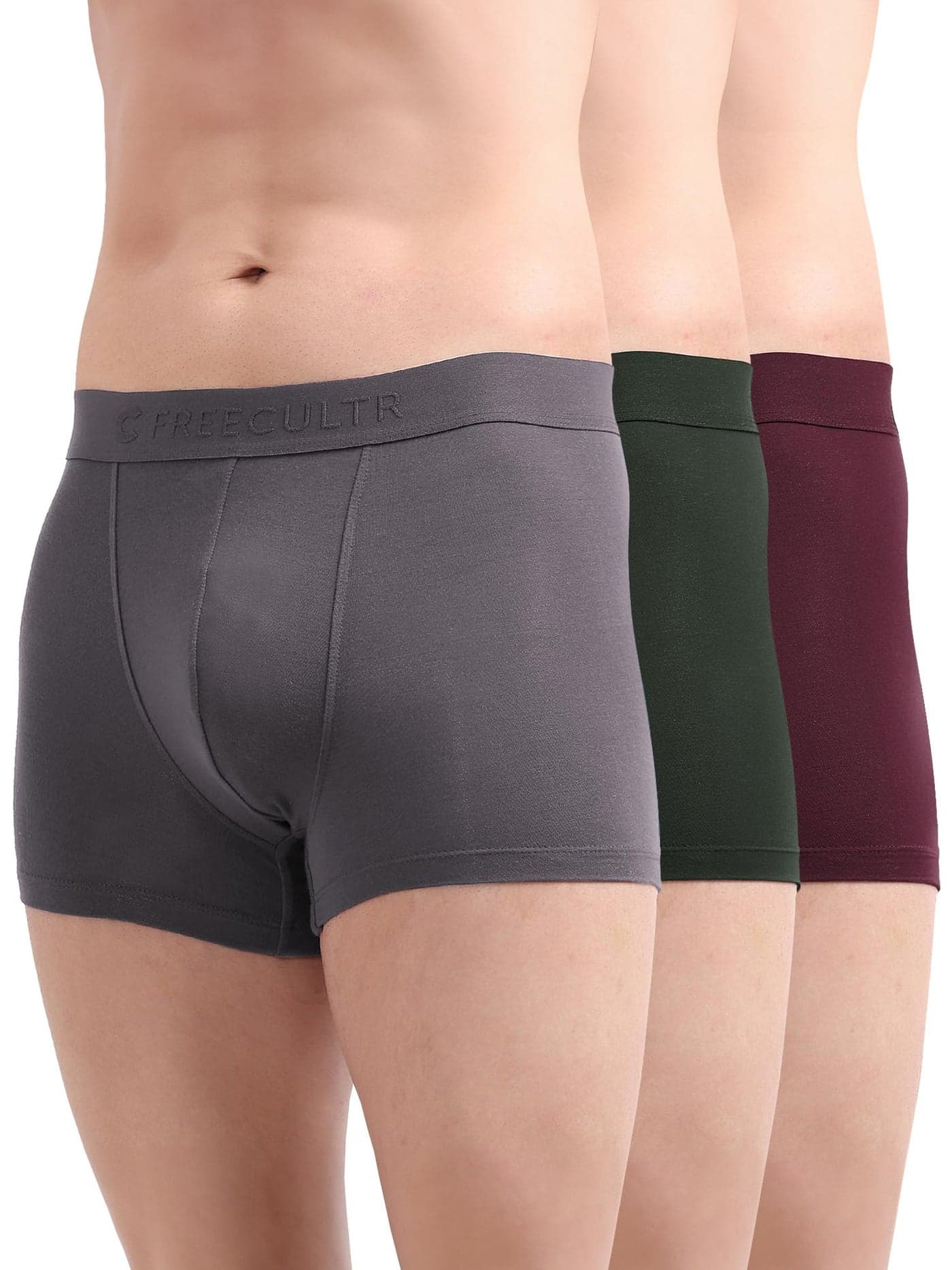 Freecultr Men's Underwear Anti Bacterial Micromodal Airsoft Trunk - Non Itch No Chaffing Sweat Proof - Size XL Pack of 3-Mist Grey,Port Wine,Avocado Green