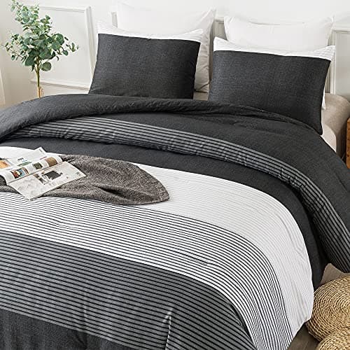 Andency Black White Gray Comforter King Size, 3 Pieces Patchwork Striped Bed Set (104x90 Inch), Soft Down Alternative Bedding with Corner Loops