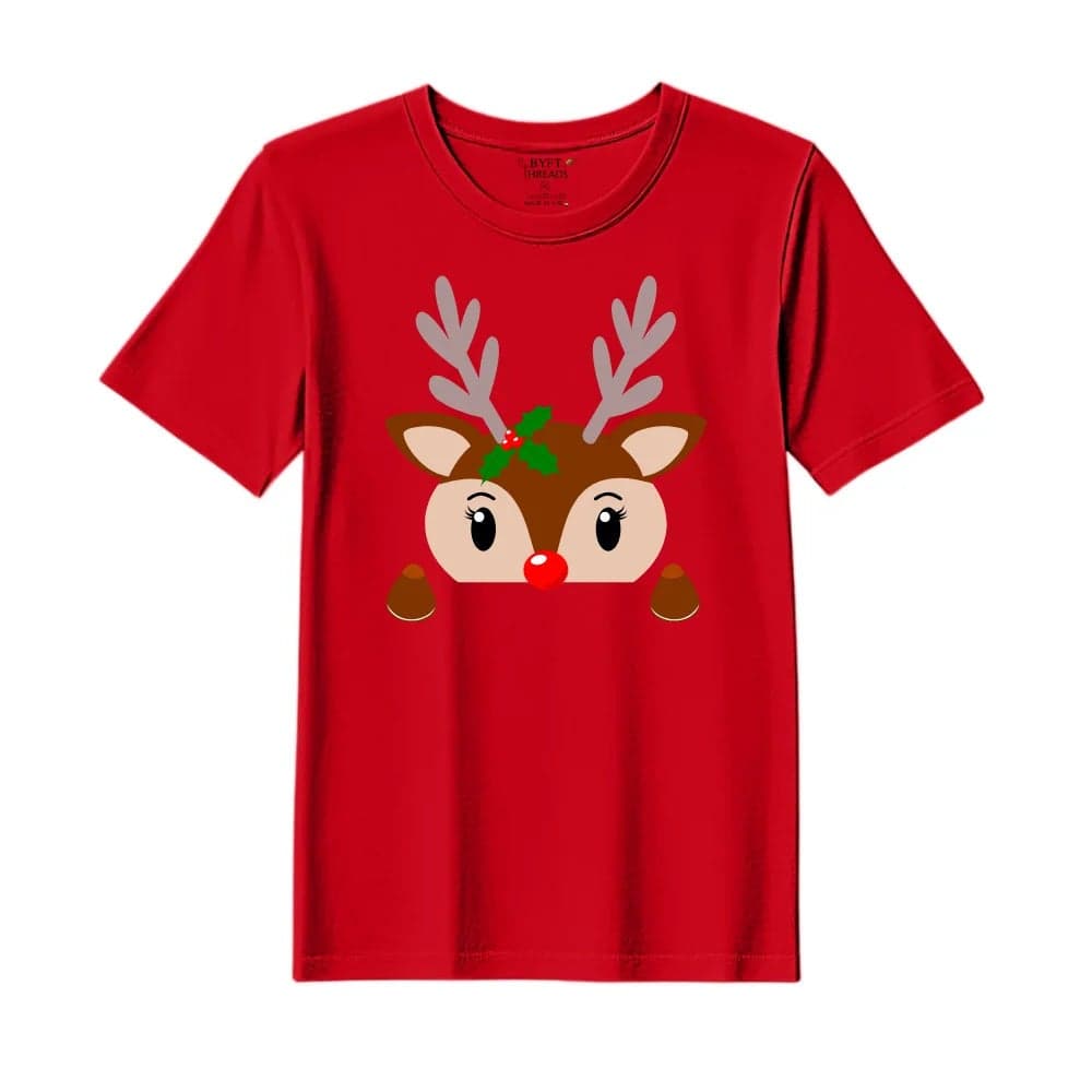 BYFT Threads XXL Red Polycotton T-Shirt - Christmas "Christmas Deer Face" Printed Design, Premium Holiday Collection