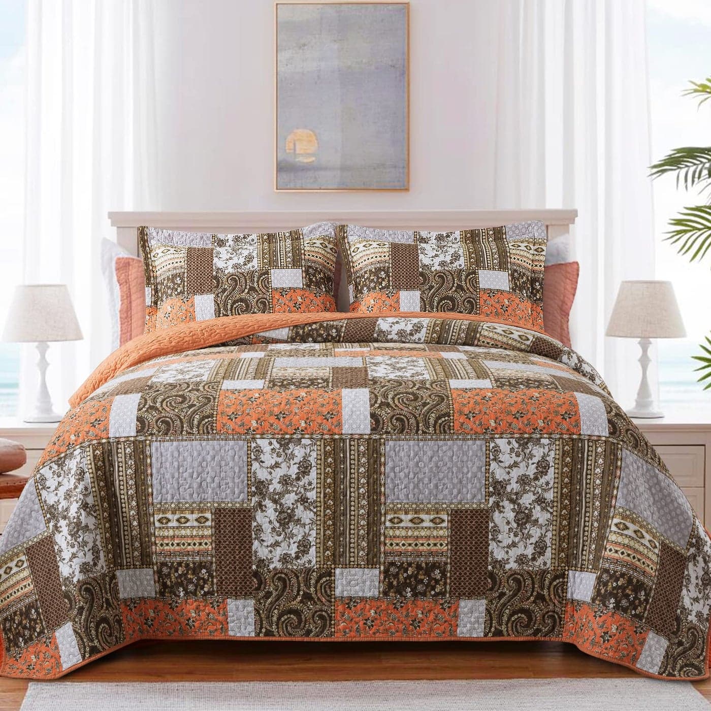 BEDIFANY Cotton Quilts King Size for Farmhouse Fall Patchwork Bedspread Set HighlyWoven Soft Reversible King Size Bed Spread for All Seasons Floral Orange 3 Pieces