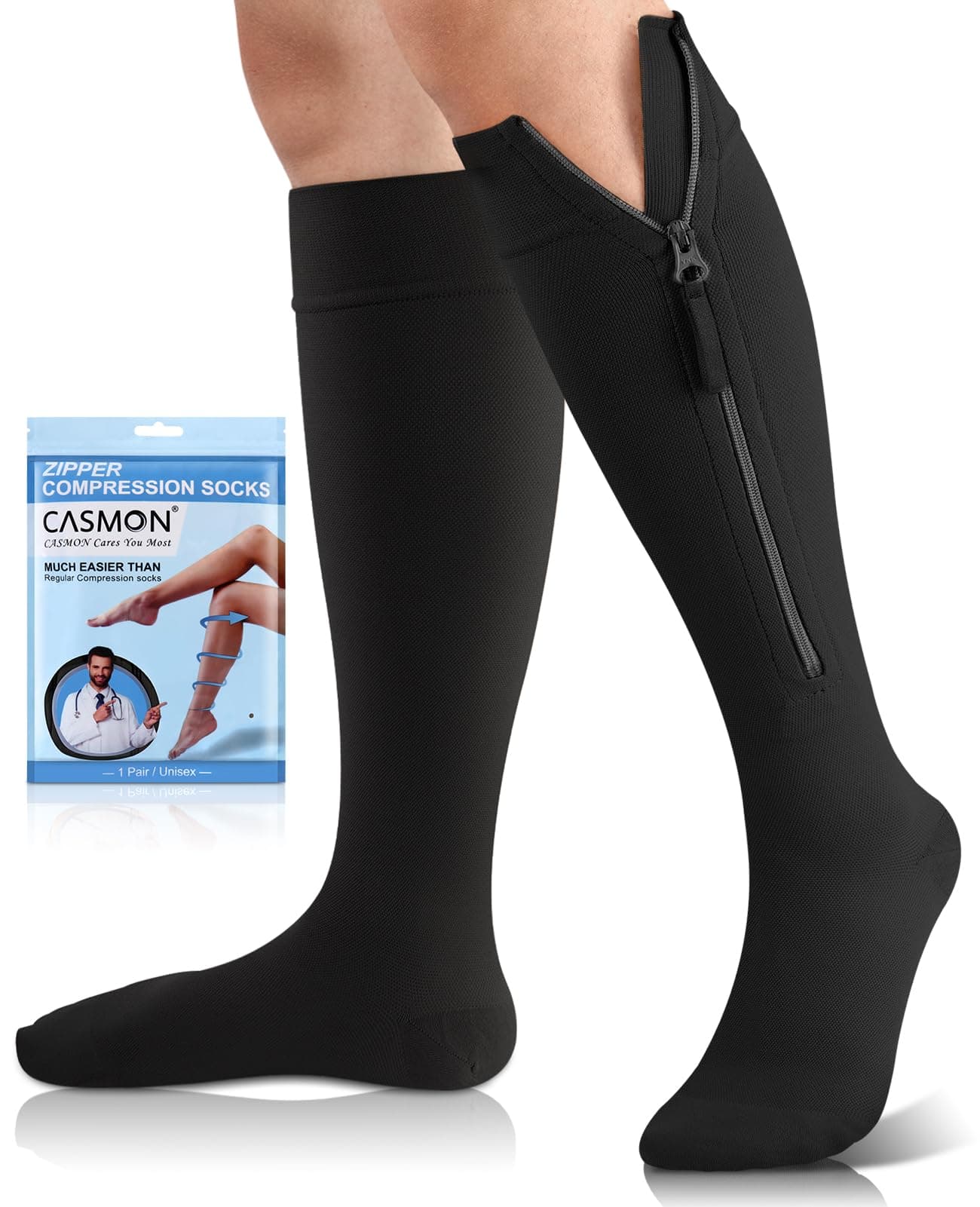 CASMON 1520mmHg Zipper Compression Socks for Women and Men Knee High Compression Stockings Medical Closed Toe Support Socks for Varicose Veins PostSurgery Swelling Nurses Pregnancy 1 Pair