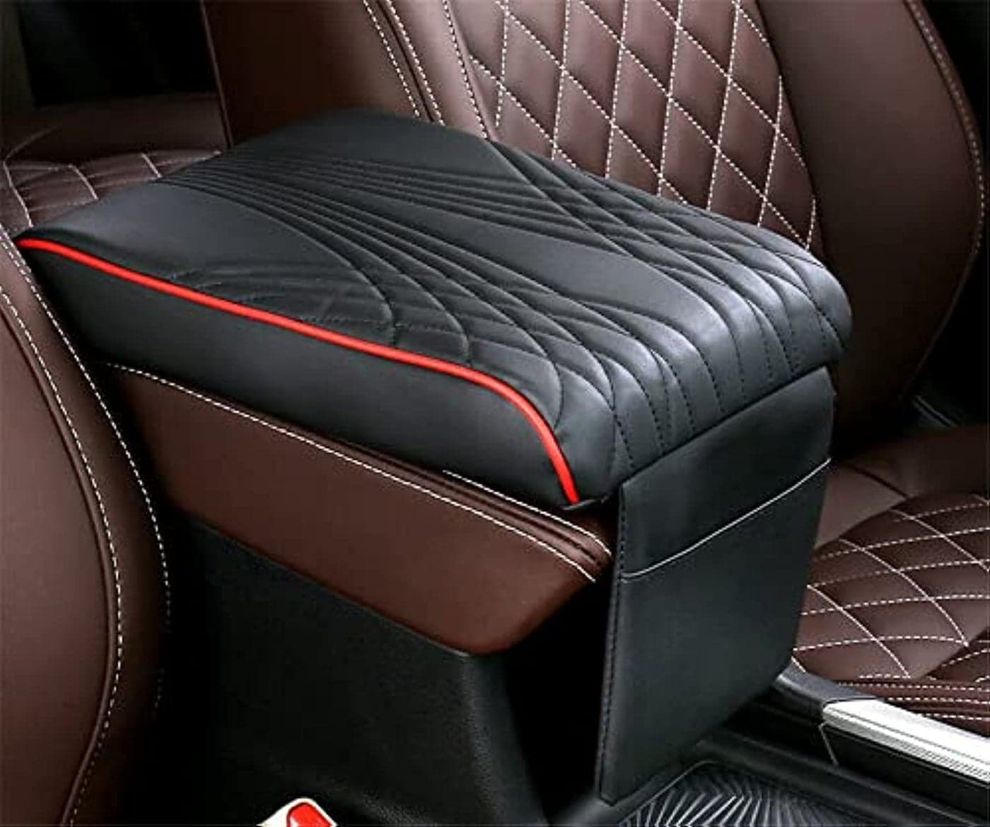 Automaze Center Console Arm-rest Cover Pad With Mobile Pocket Universal Fit for SUV's, Car Armrest Seat Box Cover, Leather Auto Armrest Cover (Black With Red Piping)