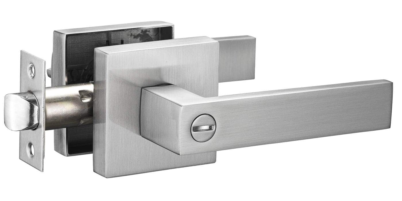 Berlin Modisch Contemporary Square Privacy Lever Door Handle Easy to Open Locking Lever Set for Bedroom or Bathroom Reversible for Right Left Sided Doors Heavy Duty Satin Nickel Finish
