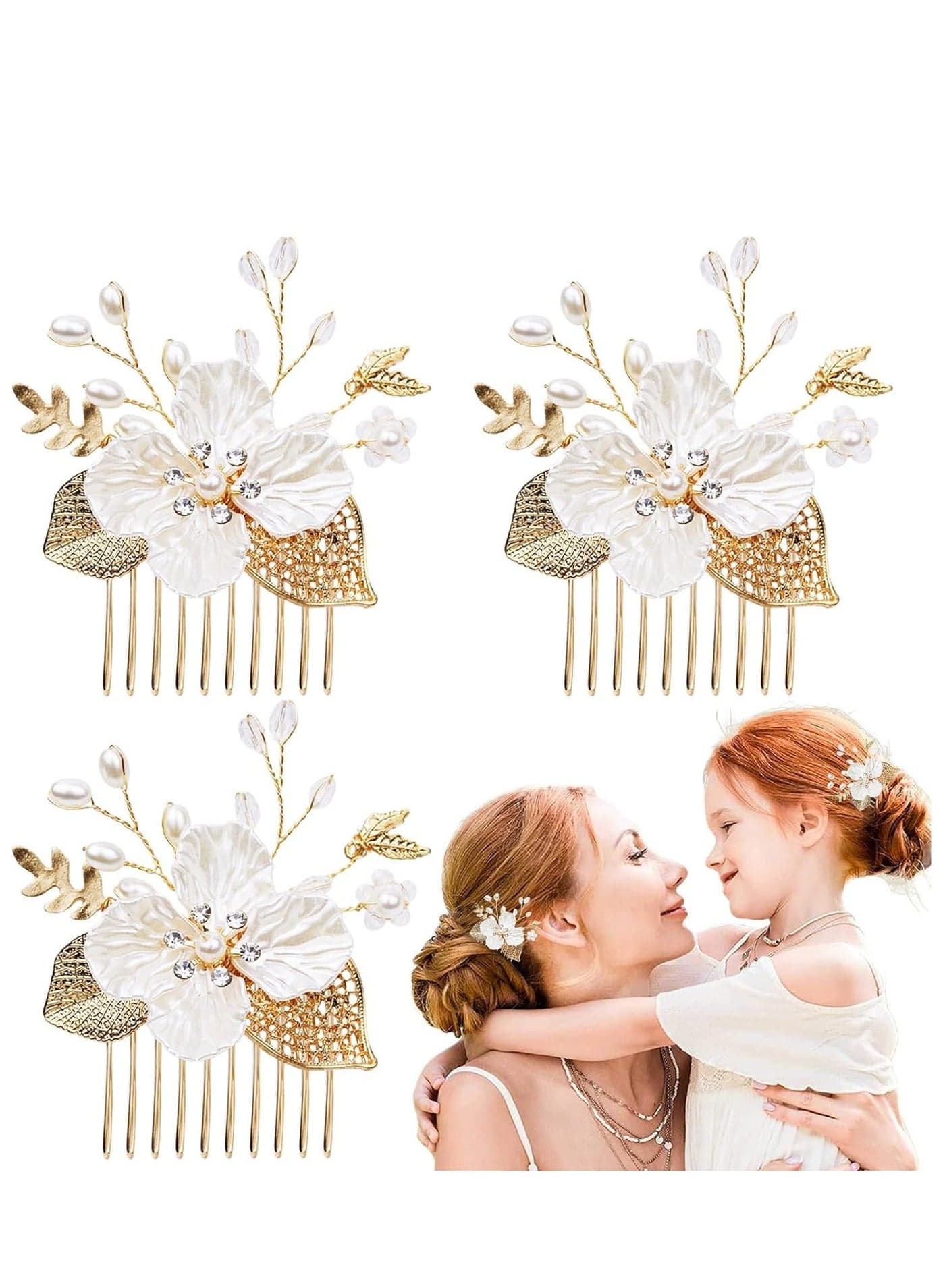 3 PCS Flower Girl Hair Pins Gold Leaf Wedding Combs Bride Pearl Crystals Clips Victorian Princess Pieces White Accessories for Girls and Women