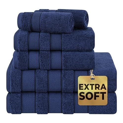 American Soft Linen Salem Turkish Bath Towel Set, 100% Cotton 600 GSM 6 Piece Towels for Bathroom, 2 Bath Towels 2 Hand Towels 2 Washcloths, Navy Blue