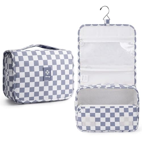 Narwey Small Hanging Travel Toiletry Bag for Traveling Women, Checkered Travel Bag for Toiletries, Makeup Bag Organizer Make Up Cosmetic Bags, Gifts for Kids Teen Girls (Grayish Blue Checkerboard)