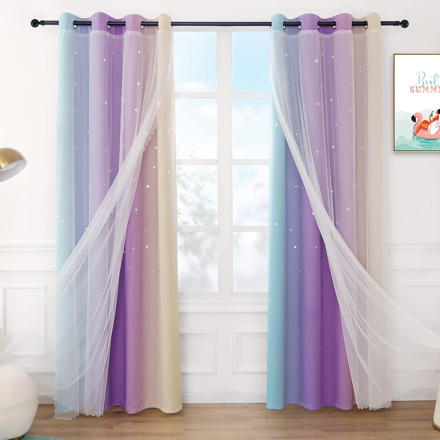 Anjee Curtains for Girls 2 in 1 Double Layer Cutout Star Light Blocking Ombre Grommets Top Drape with Lace Sheer Voile Gauze for Living Room Kids Bedroom 2 Panels 52 x 84 inch Blue Purple