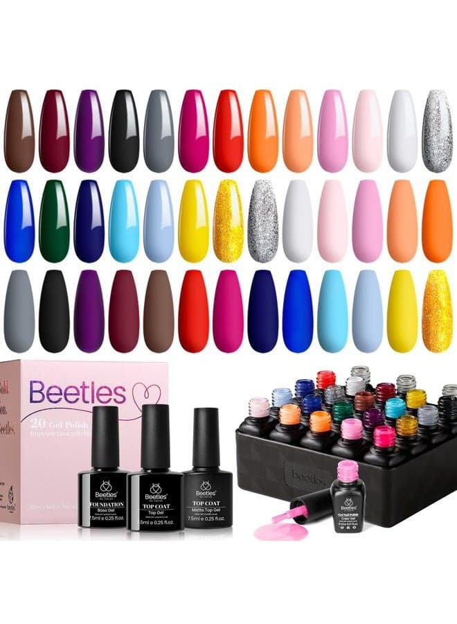 20 Colours UV Nail Set - with Top Coat Base Coat, Black White Glitter Natural for Nails, Nail Art Starter, Christmas Gifts for Women