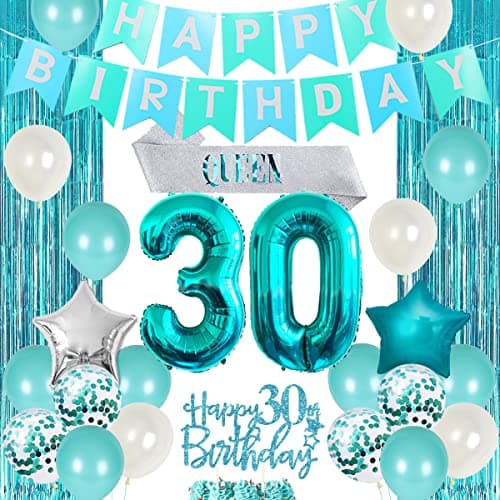 30th Birthday Decorations for Women Girls Teal Queen Sash Happy Birthday Banner Cake Topper Number 30 Foil Balloon Foil Curtain for Turquoise Thirtieth Birthday Decorations Party Supplies for Her