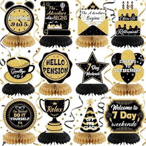 Pickmesh 12 Pcs Retirement Party Decorations Honeycomb Gold Glitter Retirement Table Centerpieces 3D Double Sided Hello Pension Table Decoration Topper for Men Women Party Favors Supplies