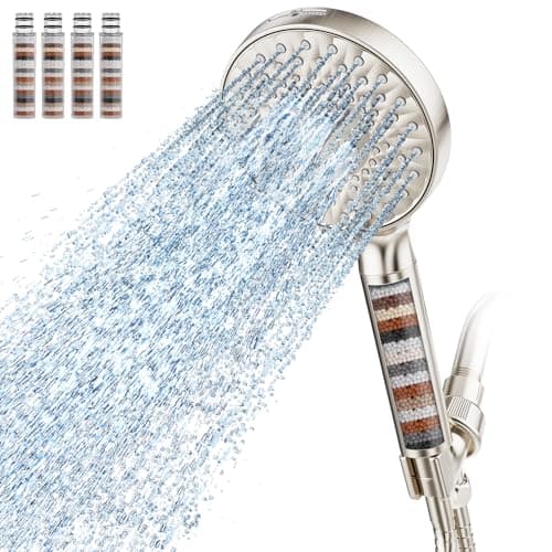SR SUN RISE Filtered Shower Head with Handheld High Pressure 9 Spray Mode Showerhead Detachable Shower Head Water Softener Filters Beads for Hard Water Remove Chlorine 4 Filters Brushed Nickel