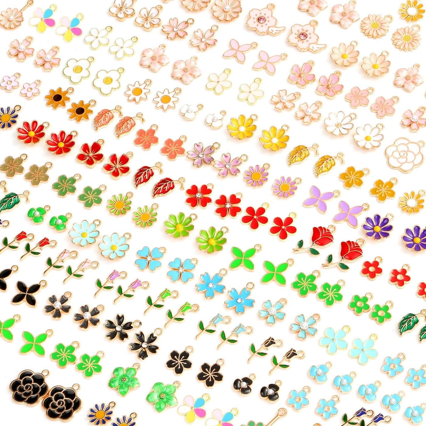 Acejoz 150Pcs Flower Charms for Jewelry Making(In Pairs), Assorted Jewelry Enamel Charms, Wholesale Mixed Bulk Metal Earring Charms for DIY Necklace Bracelet Earring Jewelry Making and Crafting