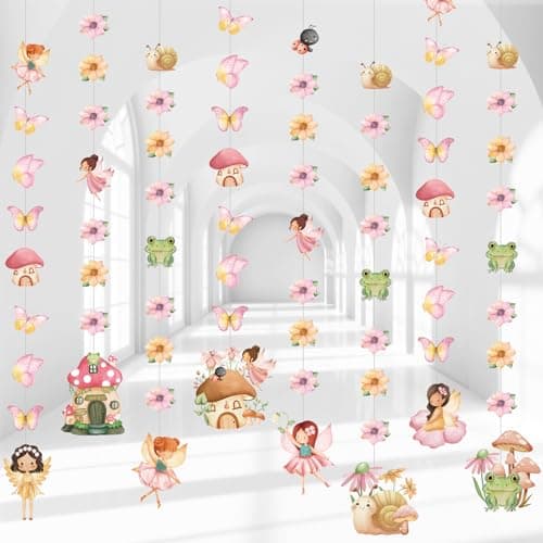 Daifunli 8 Pcs Fairy Party Decorations Fairy First Birthday Hanging Garlands Banner Butterfly Mushroom Flower Paper Cutouts Streamer for Wall Ceiling Decor Wonderland Garden Tale Floral Party Supplies