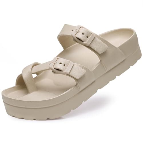 Goosecret Women's Platform Sandals with Arch Support Comfortable Foam Slides Summer Beach Sandals with Adjustable Buckle Nude, 41