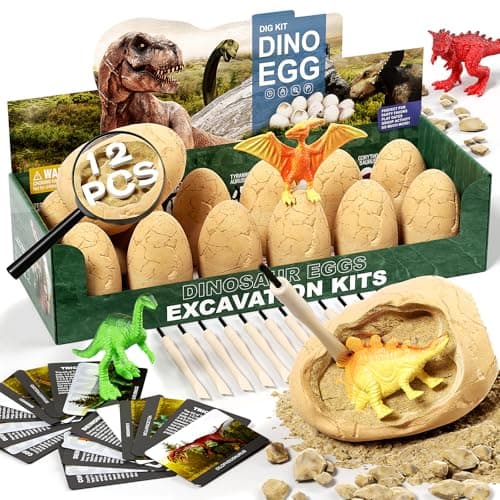 12 Dinosaur Eggs Dig Kit Toys for Kids Dinosaur Eggs Excavation Kit with Magnifier Easter Basket Stuffers Science STEM Birthday Party Favors Gifts for Boys Girls Age 3 4 5 6 7 8 9 10 Years Old