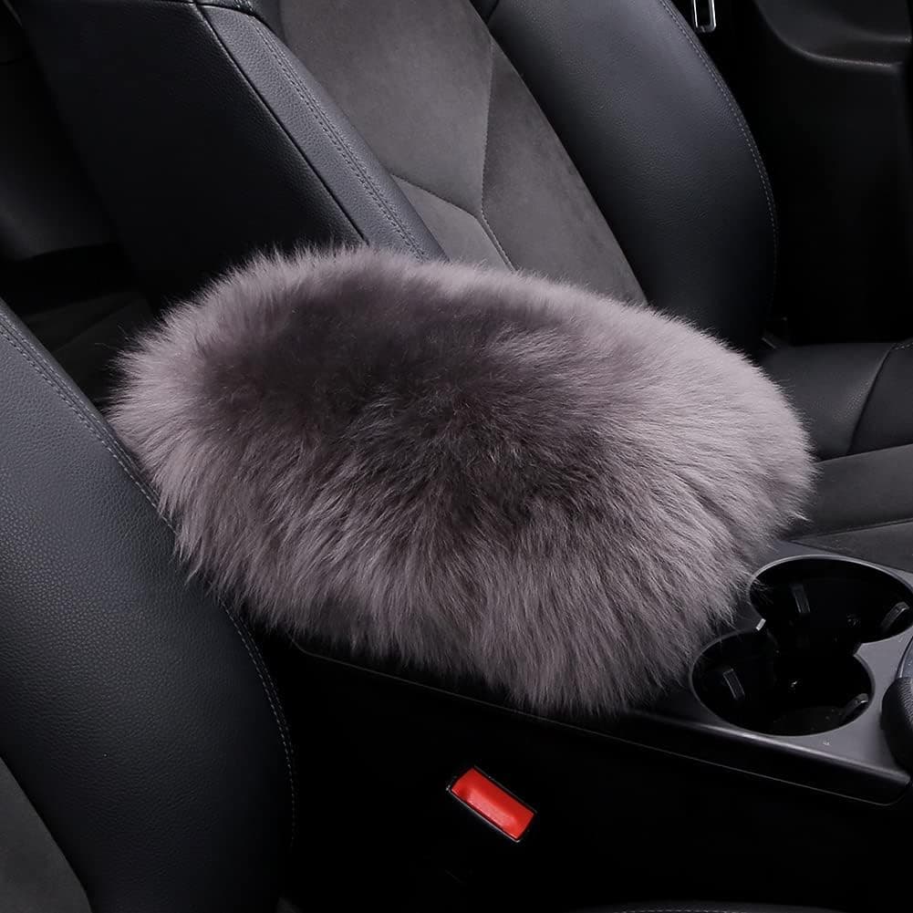 LLB Genuine Sheepskin Wool Fur Car Armrest Cover Protector - Carbon Gray