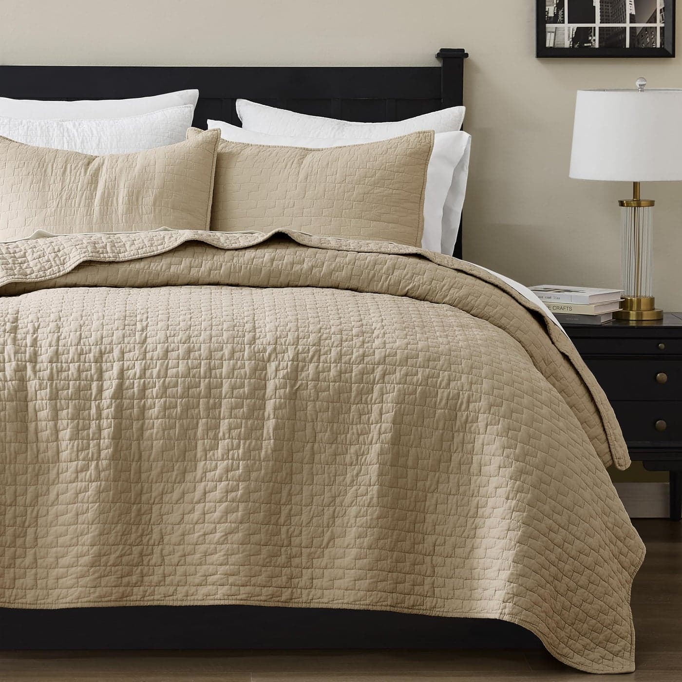 palassio Dark Beige 100 Cotton Quilt King Size Bedding Sets with 2 Pillow Shams Textured Lightweight Soft Bedspread Shabby Chic Coverlet Quilted Comforter Bed Cover for All Season 3 Pieces