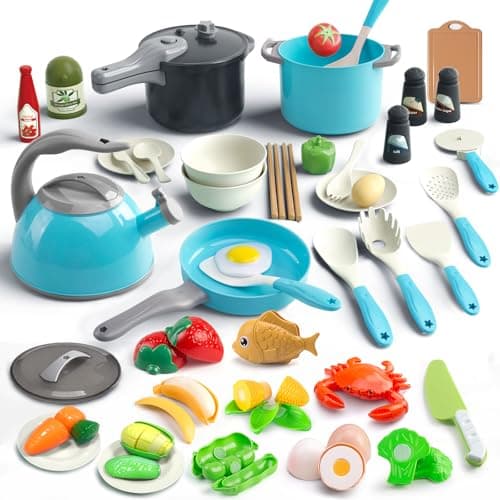 Bruvoalon 67Pcs Kids Play Kitchen Toys Set Toddlers Pretend Cooking Playset Acccessories with Pots Pans Utensils Cookware Foods Canned Veges Learning Gift for Kids Girls Boys Turquoise