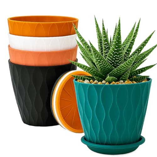Leafly Set of 5 Multicolor Round Flower Plant Pots (6.3 Inch) with Drainage Tray | Durable Lightweight Planters for Home, Office, Terrace, Balcony & Indoor/Outdoor Gardening (Multicolor Wave)