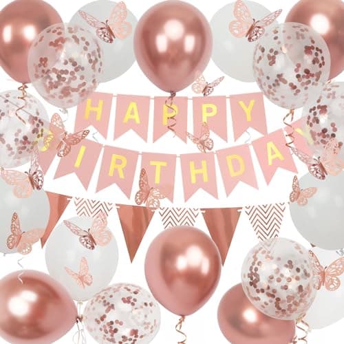 Rose Gold Birthday Decoration 18 pcs 12 inch Happy Birthday Banner with Butterfly Stickers and Balloons for Girl and Women Happy Birthday Decorations