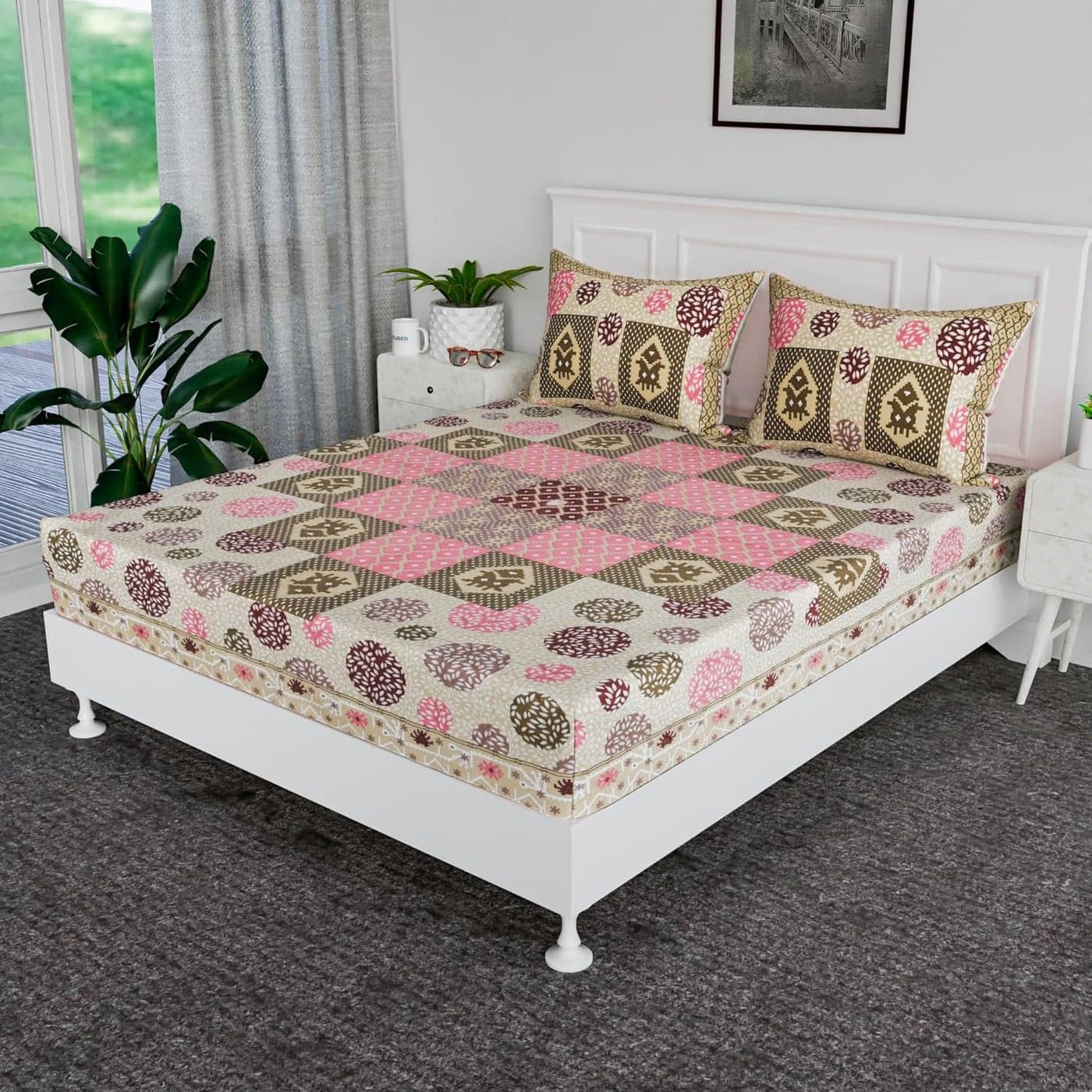 Kuber Industries 100x108 Inch Cotton Bedsheets for Double Bed with 2 Pillow Covers Easy to Wash Maintain Double Bedsheet Cotton Fabric for Daily Use Arabic Beauty Gola Purple