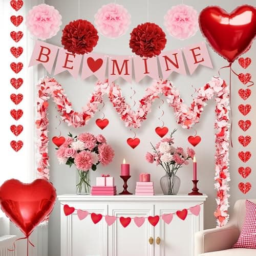 Valentines Day Decorations Set-Assembled Hanging Heart Swirls,BE Mine Banner,Heart Tinsel Garland,Love Heart balloon for Anniversary Wedding Romantic Valentine Party supplies