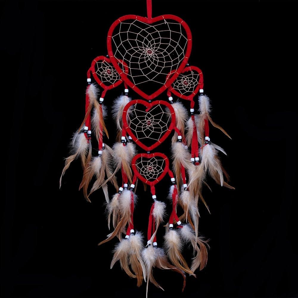 Large Handmade Dream Catcher Traditional Dreamcatcher Feather Wall Hanging Decoration Ornaments Five Hearts Red