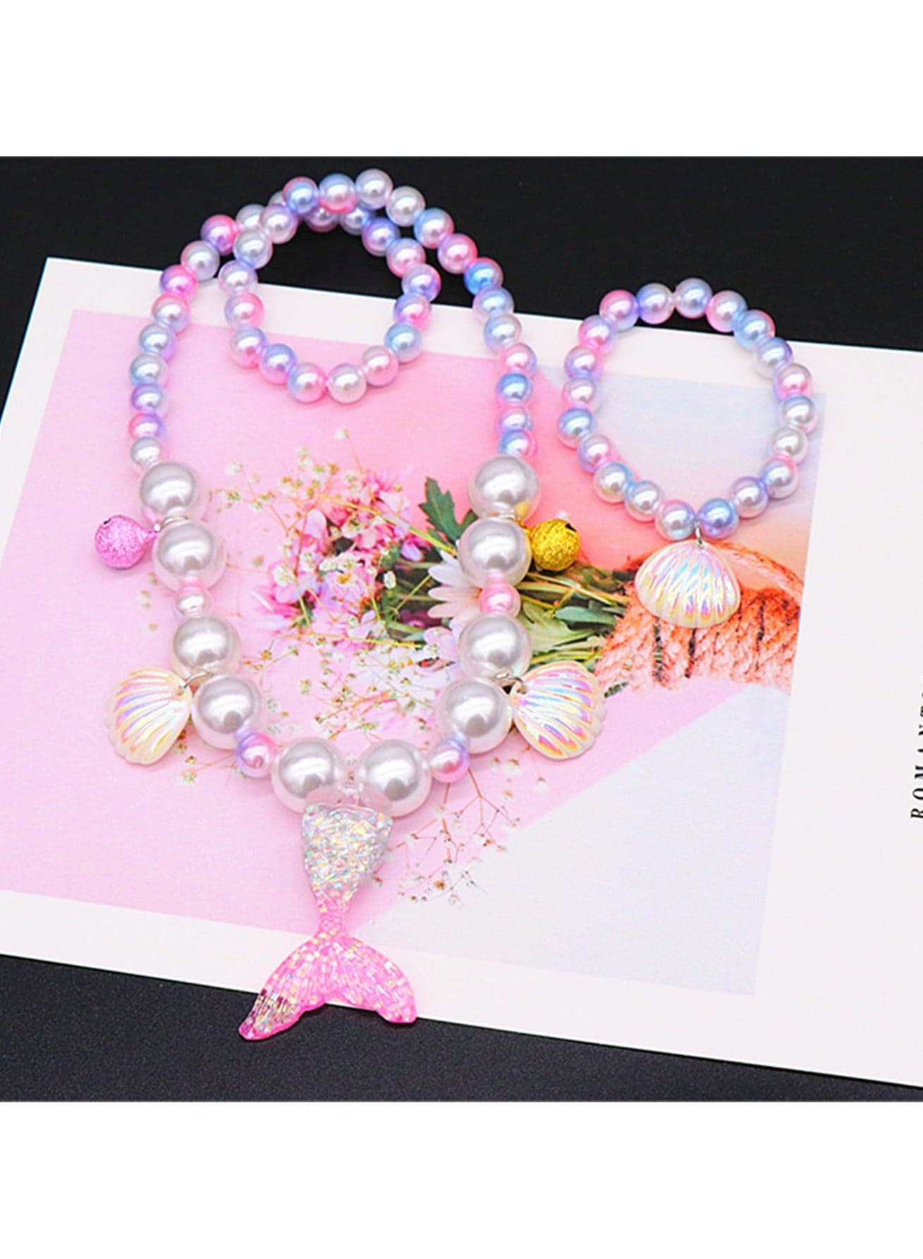 2 Piece Set Pink Mermaid Necklace Bracelet Jewelry Set Children Birthday Gift Girl Mermaid Party Decorations