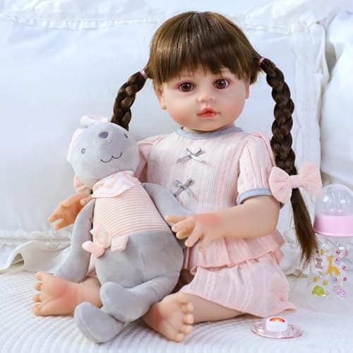 SCOM Lifelike Reborn Doll Full Silicone Body 18 Inch Realistic Dolls Girl with Long Hair Handmade With Cloths and Accessories For Christmas Birthdays Idea Gift for Mothers Girls and Collectors