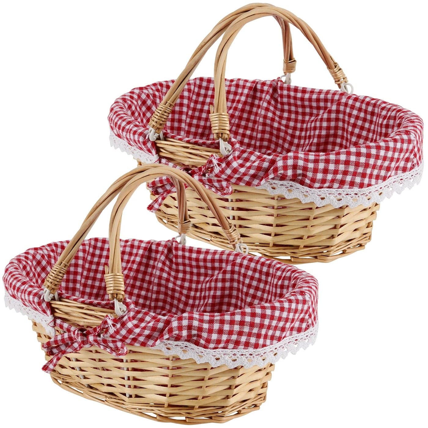 MAHIONG 2 PCS Natural Wicker Basket with Double Handles and Washable Gingham Liner Small Hand Woven Gifts Basket Empty for Easter Picnics Gifts Home Decor Candy Fruit Storage 13 x 9 x 47 Inch