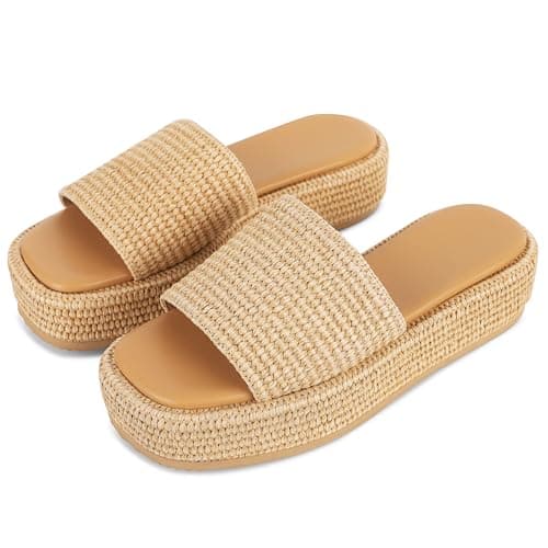 EQAUDES Wedge Platform Sandals for Women Outdoor Espadrille Cute Brown Beach Straw Raffia Sandal Comfortable Brown Sandals Vacation for Women Size 7