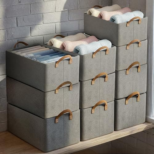 VERAT 10 Pcs of Large Foldable Storage Box and Organiser with Metal Frame/Woven Fabric Clothes Organiser with Handle/Wardrobe Organizer for Storage/Almirah Organizer for Shirts/Jeans/Sweater (Grey)