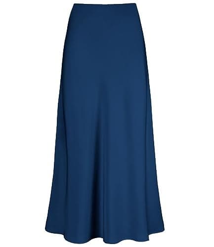 Outoshe Women's Satin High Waisted Maxi Skirts Hidden Elasticized Waistband A Line Long Skirt Navy