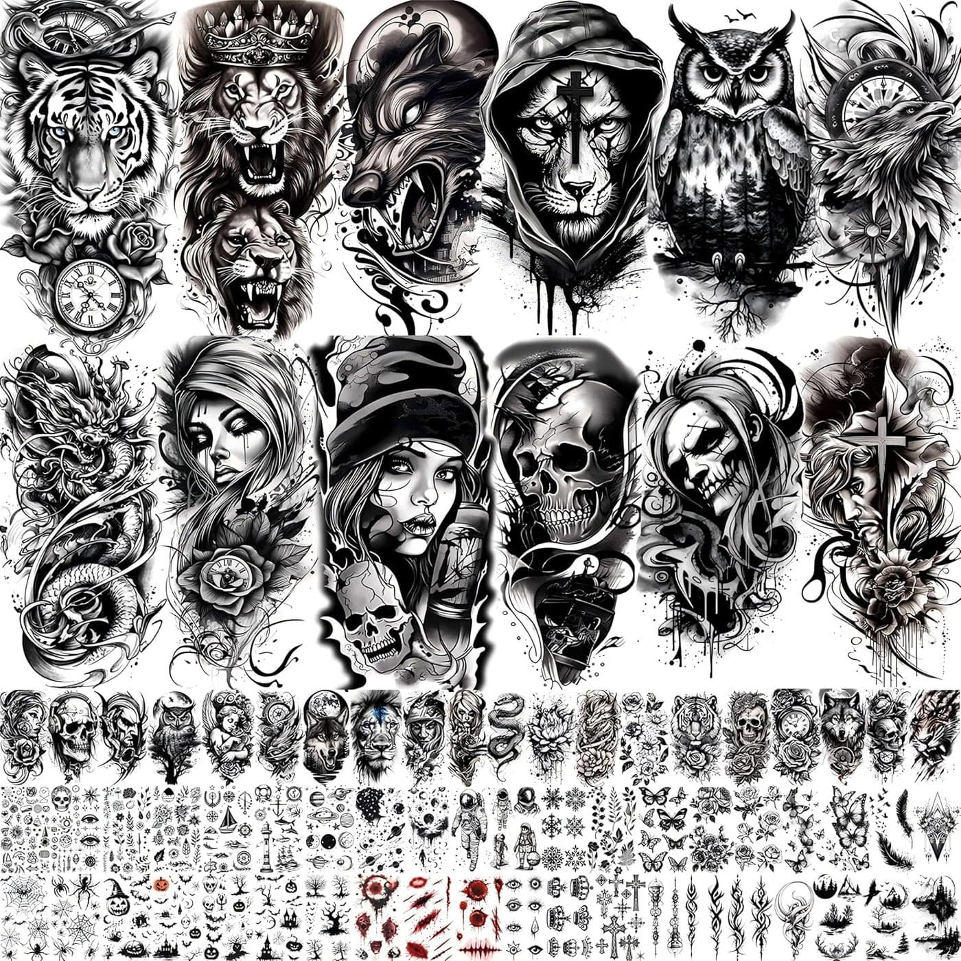 72 Sheets Super Temporary Tattoos for Men Women Adults Black 3D Realistic Scary Animals Skulls Scars Fake Tattoos Set for Arm Sleeve Neck Waterproof LongLasting Body Tattoo Sticker