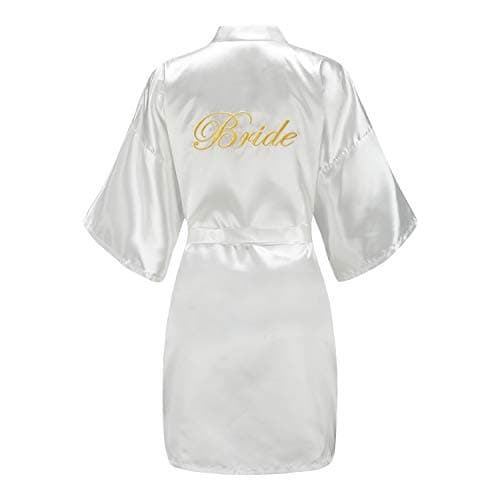 EPLAZA Women's One Size Silver Rhinestones Bride Bridesmaid Short Satin Robes for Wedding Party Getting Ready (X (White - Bride in Gold), Word Embroidery)