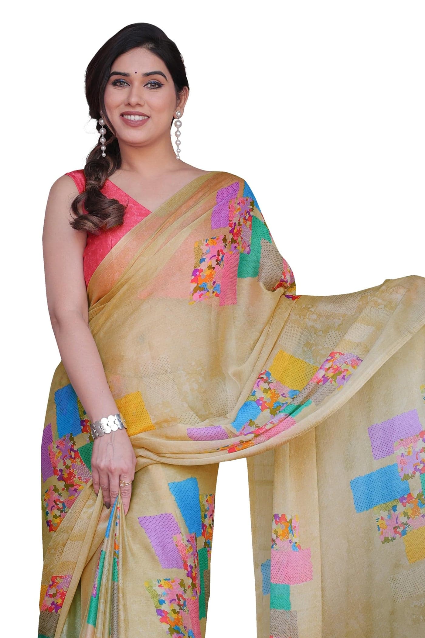 MIRCHI FASHION Chiffon Georgette Block Printed Sarees for Women with Blouse Piece (41514 - Beige, Multicolor)