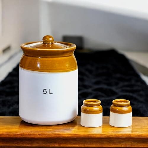 ClayStone 5Kg Ceramic Martban Pickle Jar - Traditional 5L Handmade Bharani With Salt & Pepper Shakers - Decorative Achaar Container For Pickles - Ceramic Jars For Kitchen Storage (Pack of 3),White