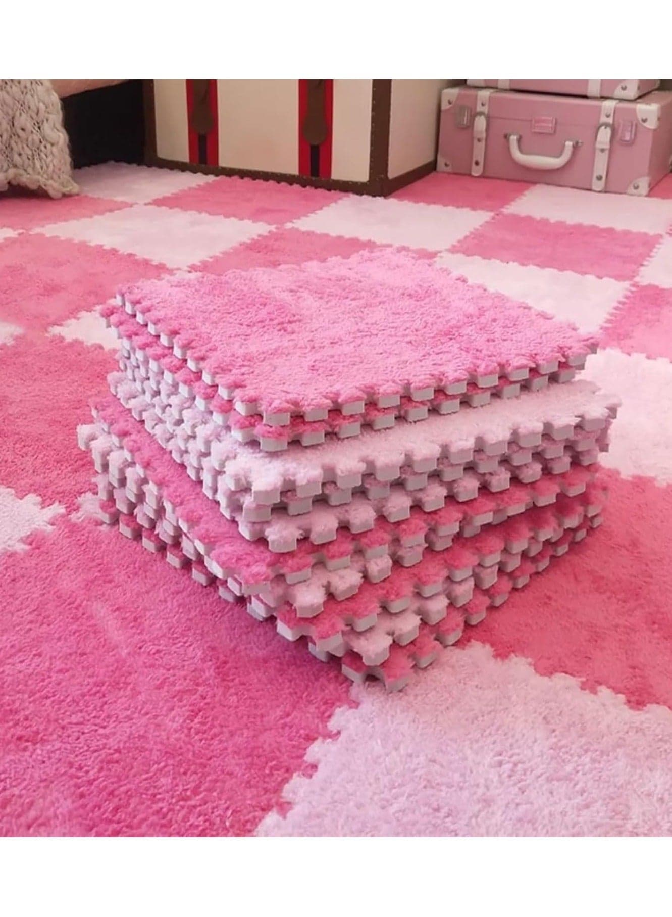 12 Pcs Interlocking Carpet Shaggy Soft EVA Foam Mats 11.8 x 11.8 Inch Fluffy Area Rugs Protective Floor Tiles Exercise Play Mat for Home Playroom Decor/Exercise Gym Mats (Pink11.8 x 11.8 Inch)