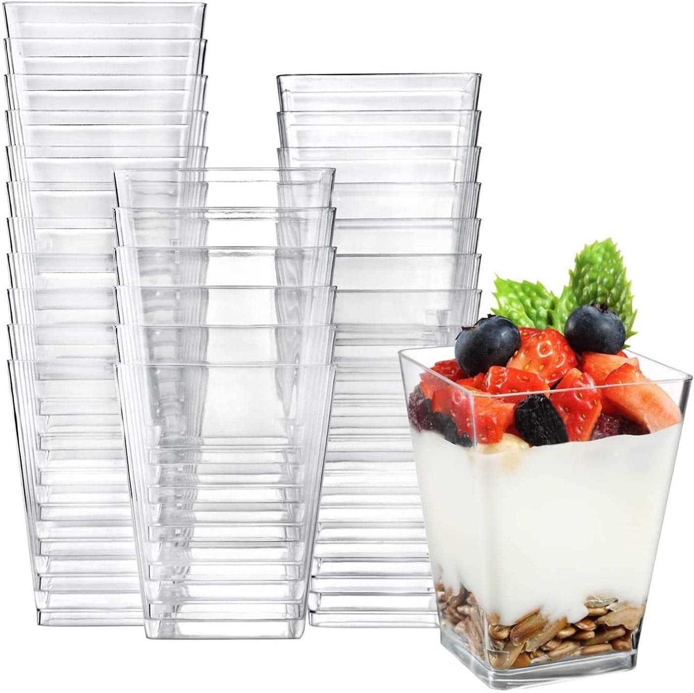 KAHEIGN 50Pcs Mini Dessert Cups 240ml Plastic Square Dessert Cups Clear Parfait Appetizer Cup Reusable Serving Bowl for Dessert Pudding Mousse Party 7 x 7cm