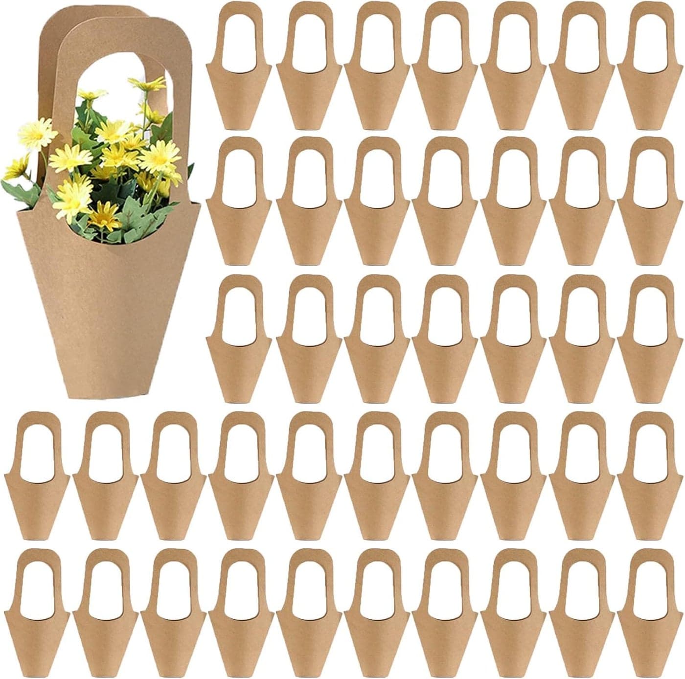 Festiko Flower Bouquet Bags Pack of 10 Kraft Paper Flower Carry Bags with Handle for Flower Wrapping, Bouquet Packing, Gift Packaging for Birthdays, Weddings, Anniversary Decoration Supplies