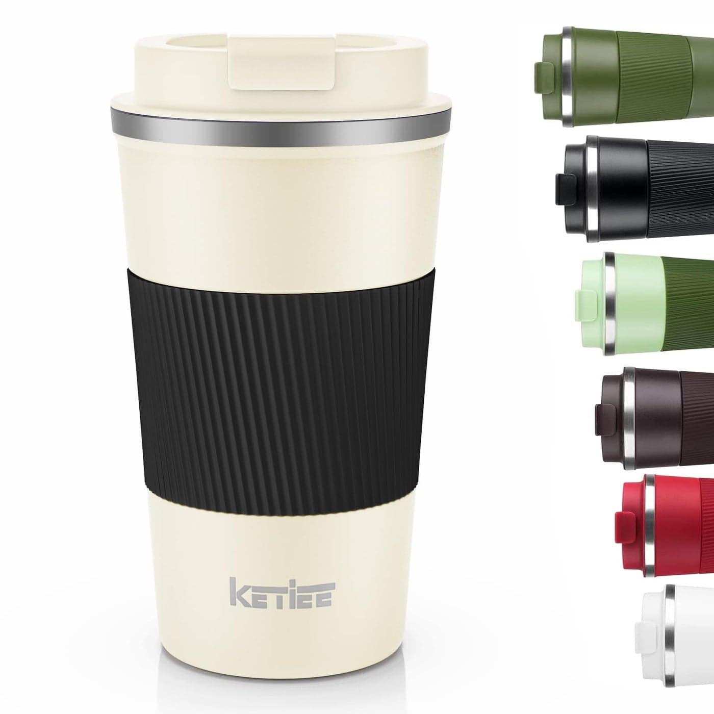 KETIEE 12oz Travel Mug Vacuum Insulated Coffee Cup with Leakproof Lid Travel Coffee Mug Stainless Steel Double Walled Reusable Coffee Cup for Hot and Cold Water Coffee Beige